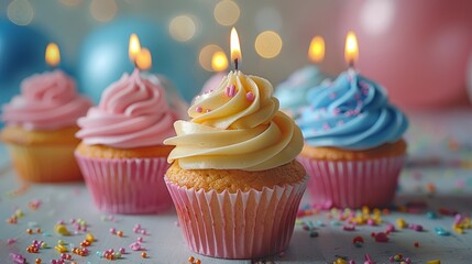 Colorful birthday cupcakes with sparkling candles, detailed icing with a party table blurred behind