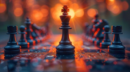 Close-up of a chess king piece with other pieces in the background, blurred strategy session