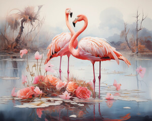 Watercolor painting of a pair of flamingos. Used for making wallpaper, posters, cards, stickers, brochures.