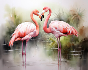 Watercolor painting of two pink flamingos. Used for making wallpapers, posters, cards, stickers, brochures.