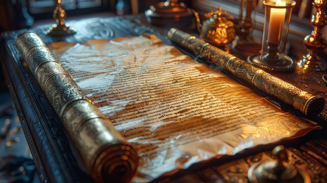 A scroll of paper with gold embossing sits on a table - Powered by Adobe