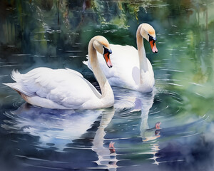 Watercolor painting of two beautiful swans. Swan is classified as a duck bird. Swans are often associated with love and fidelity. Used for making wallpaper, posters
