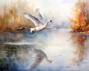 Swan are flying over the lake. Swans are often associated with love and fidelity. Watercolor painting.
 Used for making wallpaper, posters