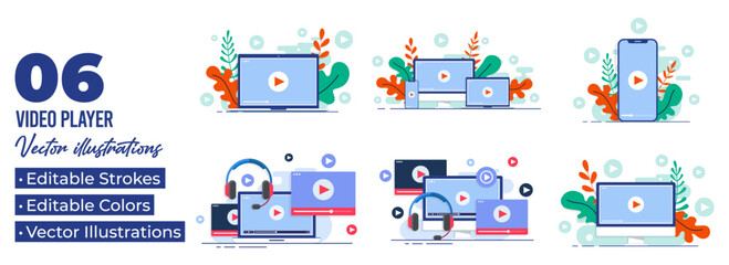 Fototapeta premium Set of flat illustrations of Video player, Concept of online video, watch movies, educational materials, web courses, online education, e-learning, and video tutorial