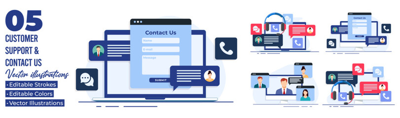 Set of flat illustrations of customer support, customer service, online support, help desk, Contact us form