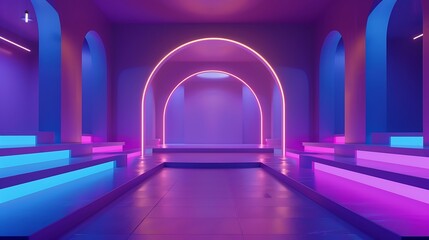 blue pink violet neon abstract background ultraviolet light night club empty room interior tunnel...