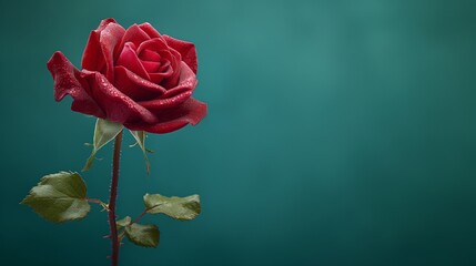 An elegant, single red rose, its petals dew-kissed and vibrant, placed against a solid, deep emerald studio background, capturing the essence of romance and natural beauty.