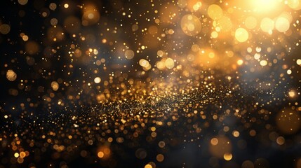 Obraz premium A background of falling gold light particles, with blurred lights and bokeh effects. The background is a dark black color.