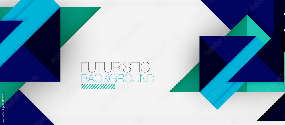 Poster Electric blue triangles and green rectangles create a futuristic facade on a white background. The font, graphics, and logo blend in with circles and triangles, reflecting a modern brand