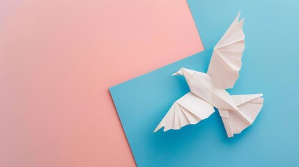 White pigeon of origami on blue and pink background