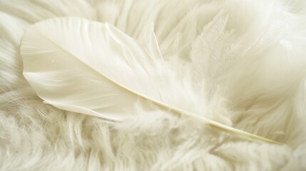 An elegant, white feather, its details crisp and visible, floating gently down to rest on a fancy, soft white fur rug, capturing the essence of lightness, purity, and serenity. 