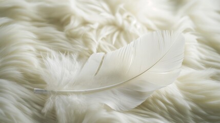 An elegant, white feather, its details crisp and visible, floating gently down to rest on a fancy, soft white fur rug, capturing the essence of lightness, purity, and serenity. 