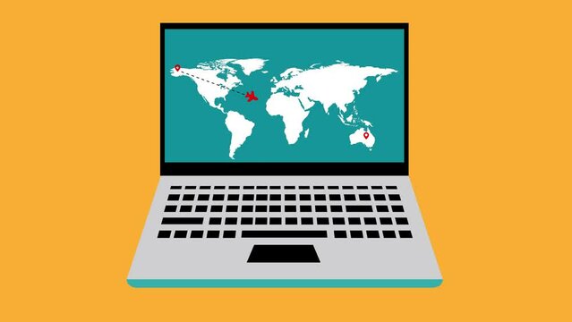 Laptop with map icon animated on a yellow back background.