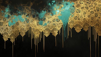 An expanse of golden lace, its intricate patterns glowing against a deep black background, with vibrant turquoise paint artfully dripped across, suggesting opulence amidst chaos. 