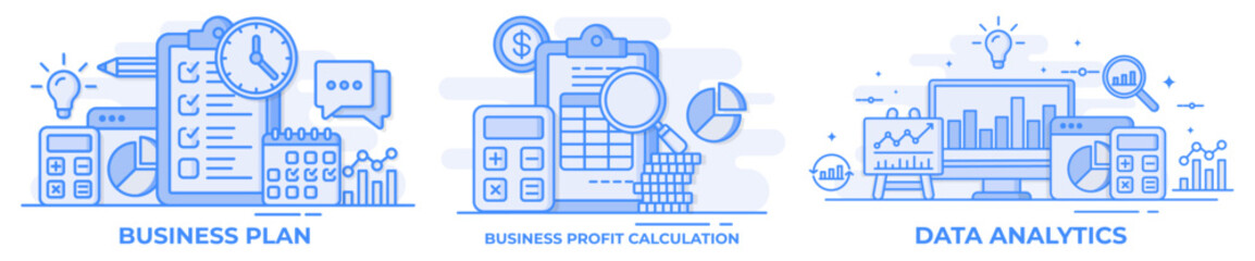 Flat illustration of data analytics, Business analysis, market research, product testing, Business profit or loss report, Payroll, salary, Business planning, business management