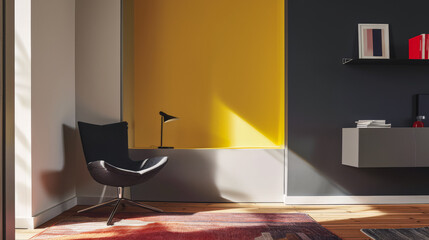 Vibrant chic living room with bold decor and vibrant contrast. Minimalistic interior design luxury composition.