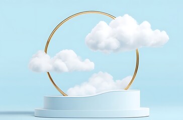  Cloud background podium blue 3d product sky white display platform render abstract stage pastel scene. Podium stand light minimal cloud background studio dreamy pedestal backdrop