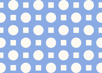 Dots pattern white polka dots and squares on light sky blue background, stock illustration, seamless background, geometric, modern