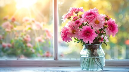 pink chrysanthemums bouquet in vase over window background