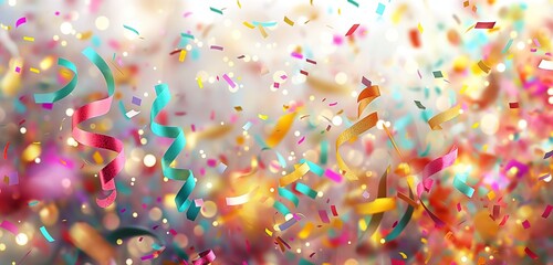 An explosion of colorful paper streamers and confetti against a background of soft, glowing lights, creating a lively and joyful scene of celebration and fun. 32k, full ultra hd, high resolution