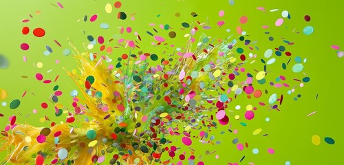 An explosion of glossy, multicolored confetti, frozen in mid-air against a bright, lime green...