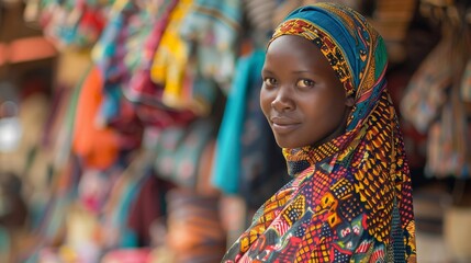 A vibrant scene at a local market where a Fulani girl, draped in colorful fabrics, skillfully bargains over goods