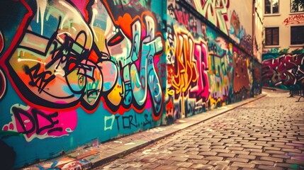 A vibrant urban graffiti wall, bursting with colors and expressive designs, capturing the raw...