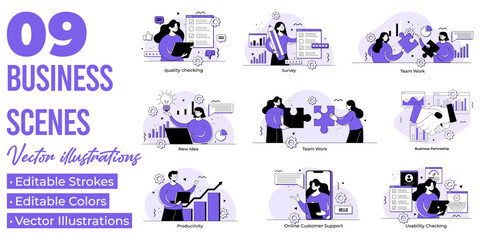 Set of business scenes flat illustrations