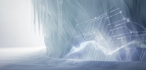 An updraw graph carved into a pristine, ice wall, the lines and data points illuminated by a soft,...