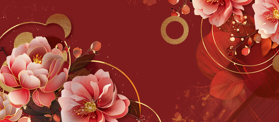red flowers pattern golden line with free copy space background