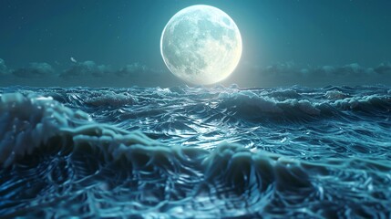 Closeup view in 3D render of ocean waves under a full moon, highlighting the dynamic ripples and the luminous effect on the water