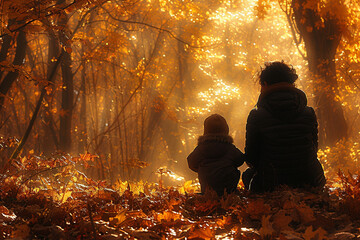 A mother and her child share a moment of quiet reflection amidst a forest of autumnal foliage, their bond deepened by the golden hues of the changing season.