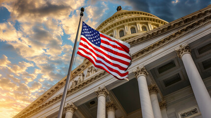 Fototapeta premium American flag flying in front of a magnificent building, Ai generated Images