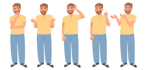 Thinking man. A character set of a guy who thinks, chooses, doubts, finds and points to a solution. Vector illustration