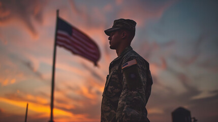 A soldier stands proudly in front of a flying American flag, in celebration of National Loyalty Day, Ai generated Images