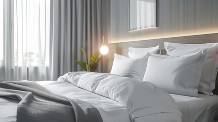 Fototapeta na wymiar Clean bed. Light bedroom. Modern apartment interior. White sheet, soft pillow, blanket and bedside table. Home, hotel stylish design. Comfortable grey bedding set closeup. Spa resort ad. Rent business