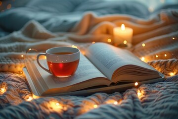 Cup of black tea with burning candle with open paper book on tray in bed over glowing Christmas lights close up. Cozy home atmosphere. Winter holiday season - Powered by Adobe