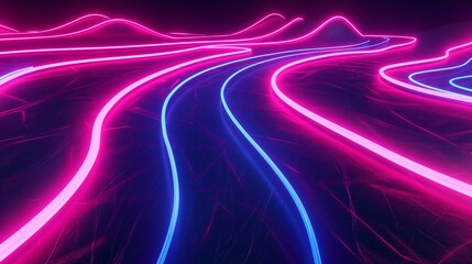 Bright, neon pink and electric blue lines zipping across a dark background, intersecting and...