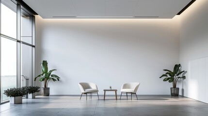 Comfortable office lobby interior with blank white wall. hyper realistic 