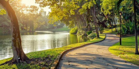 Obraz premium Sunlit pathway leading to a serene lake in a lush park