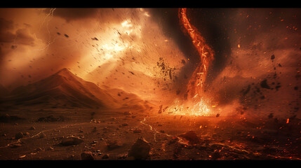 Dramatic view of a powerful fire tornado sweeping through a barren mountain, the silhouette of the mountain visible in the background, Ai generated Images