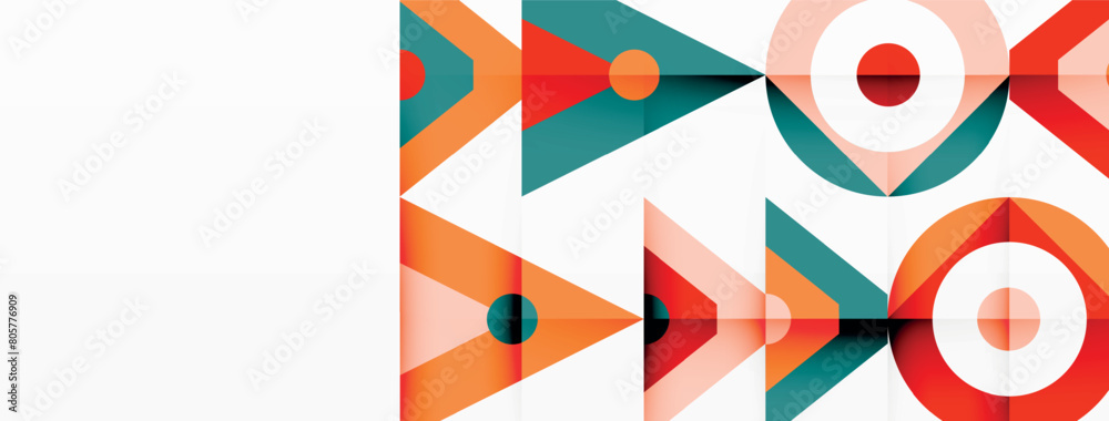 Aufkleber Colorfulness and creativity come alive in this textile art piece featuring an array of azure triangles and circles on a white background, accented with hints of orange and aqua
