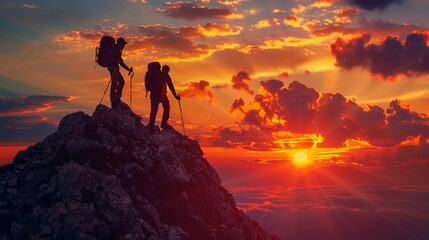 Silhouette of two hikers at the top of mountain with sunset, generative AI
