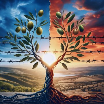 A tree with two parts one is presenting the pease and other presents conflict. Specially presenting palestine and Israel issues.