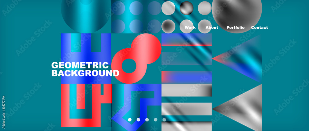 Poster a blue background with geometric shapes and letters on it high quality