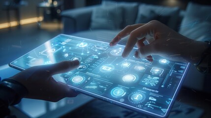 Hands hold a device with a smart home control interface, symbolizing the seamless connection between technology and home automation. AIG41 hyper realistic 