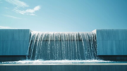 The crisp, geometric lines of a modern water fountain, water cascading down in a controlled yet playful manner, set against a solid, sky-blue background.