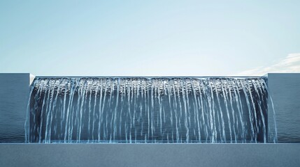 The crisp, geometric lines of a modern water fountain, water cascading down in a controlled yet playful manner, set against a solid, sky-blue background.