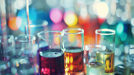 Colorful chemical liquid are divided into several different laboratory glassware