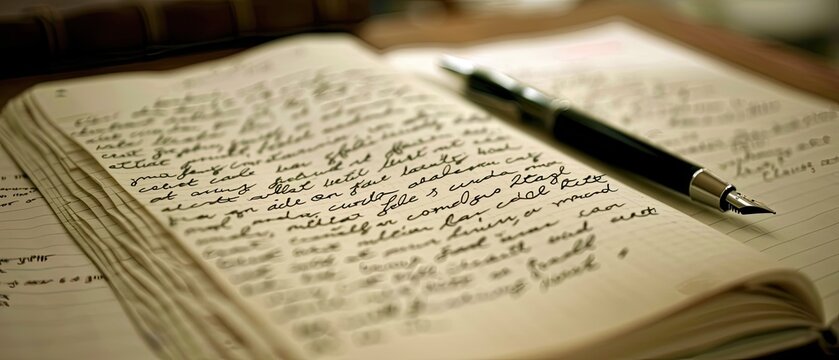 Close-up of a personal journal and a pen on a quiet desk, reflective and soothing writing